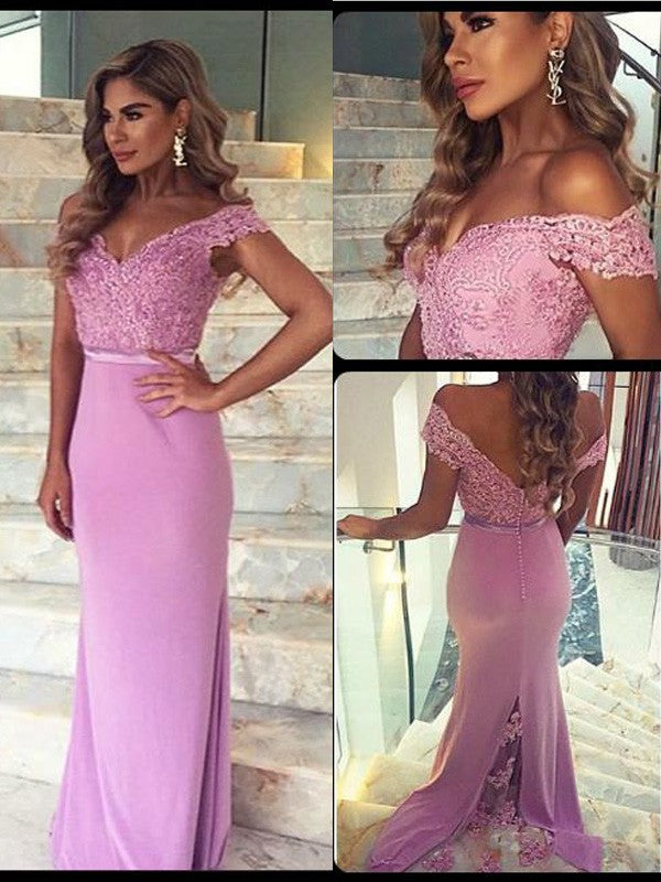 Sheath/Column Off-the-Shoulder Sleeveless Lace Floor-Length Elastic Woven Satin Dresses TPP0001979