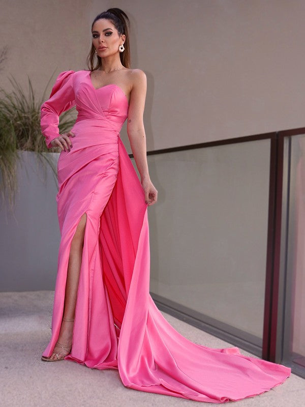 Sheath/Column One-Shoulder Long Sleeves Ruched Charmeuse Sweep/Brush Train Dresses TPP0001455