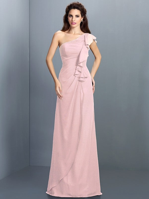 Sheath/Column One-Shoulder Pleats Sleeveless Long Chiffon Bridesmaid Dresses TPP0005351