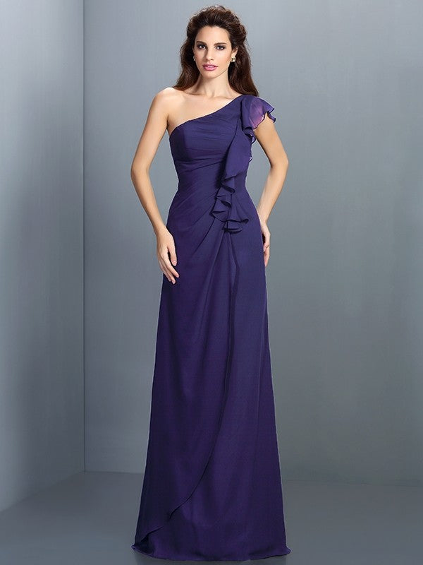 Sheath/Column One-Shoulder Pleats Sleeveless Long Chiffon Bridesmaid Dresses TPP0005351