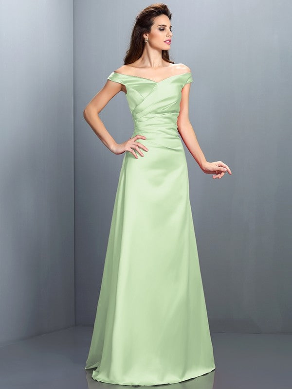 Sheath/Column Off-the-Shoulder Sleeveless Long Satin Bridesmaid Dresses TPP0005332