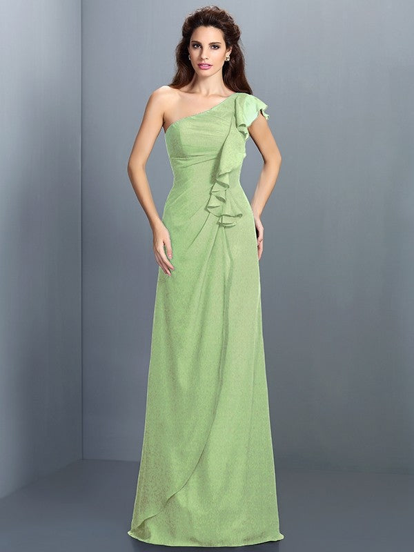 Sheath/Column One-Shoulder Pleats Sleeveless Long Chiffon Bridesmaid Dresses TPP0005351