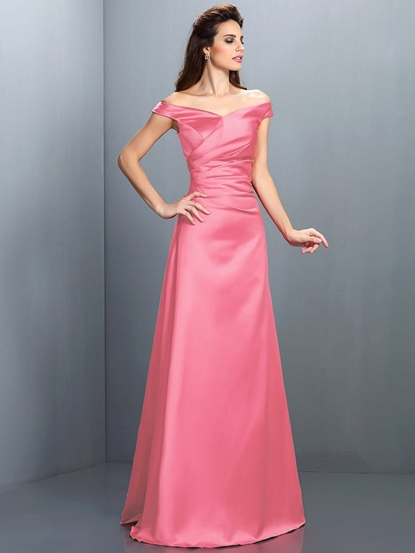 Sheath/Column Off-the-Shoulder Sleeveless Long Satin Bridesmaid Dresses TPP0005332