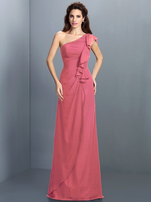 Sheath/Column One-Shoulder Pleats Sleeveless Long Chiffon Bridesmaid Dresses TPP0005351