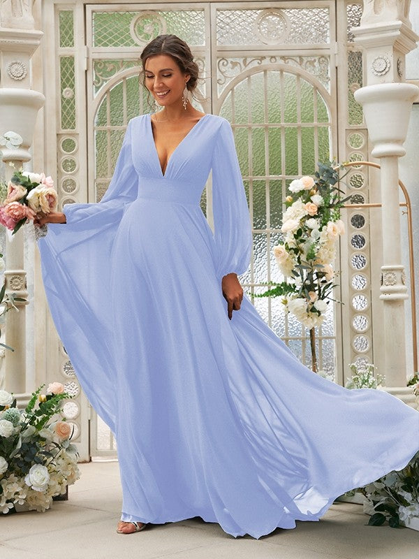 A-Line/Princess Chiffon Ruffles V-neck Long Sleeves Sweep/Brush Train Bridesmaid Dresses TPP0004894