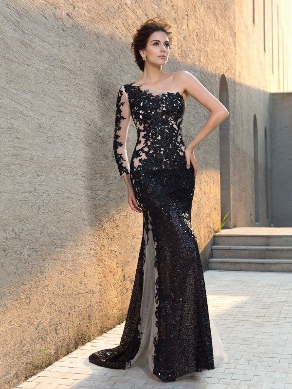 Sheath/Column One-Shoulder Sequin Long Sleeves Long Lace Dresses TPP0009128