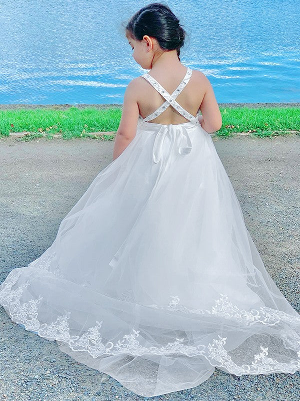 A-Line/Princess Tulle Beading Spaghetti Straps Sleeveless Sweep/Brush Train Flower Girl Dresses TPP0007492