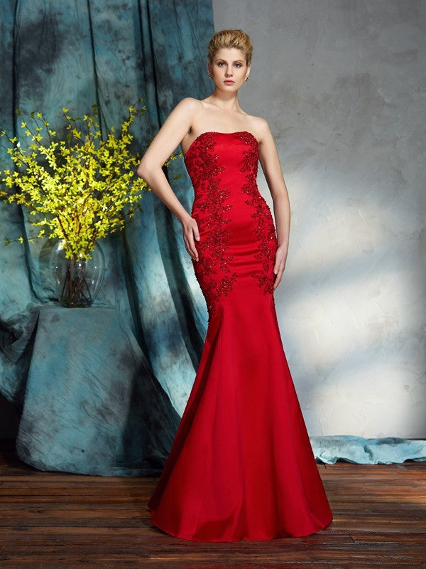 Trumpet/Mermaid Strapless Applique Sleeveless Long Satin Mother of the Bride Dresses TPP0007416