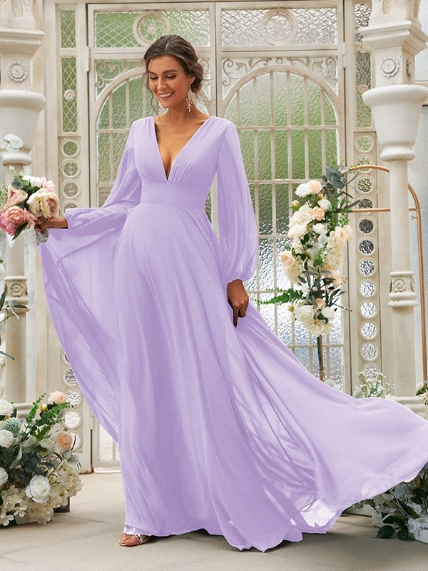 A-Line/Princess Chiffon Ruffles V-neck Long Sleeves Sweep/Brush Train Bridesmaid Dresses TPP0004894