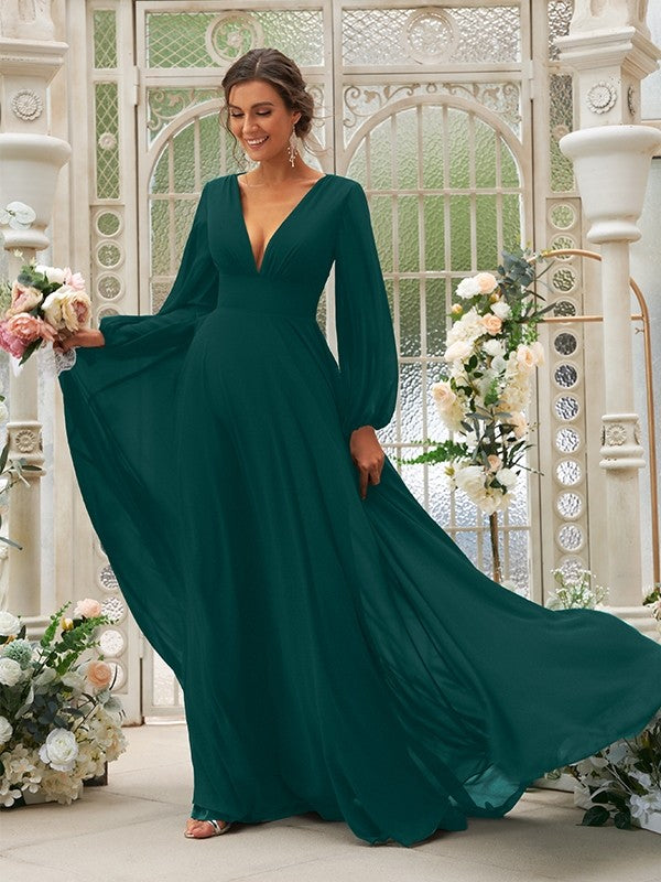 A-Line/Princess Chiffon Ruffles V-neck Long Sleeves Sweep/Brush Train Bridesmaid Dresses TPP0004894