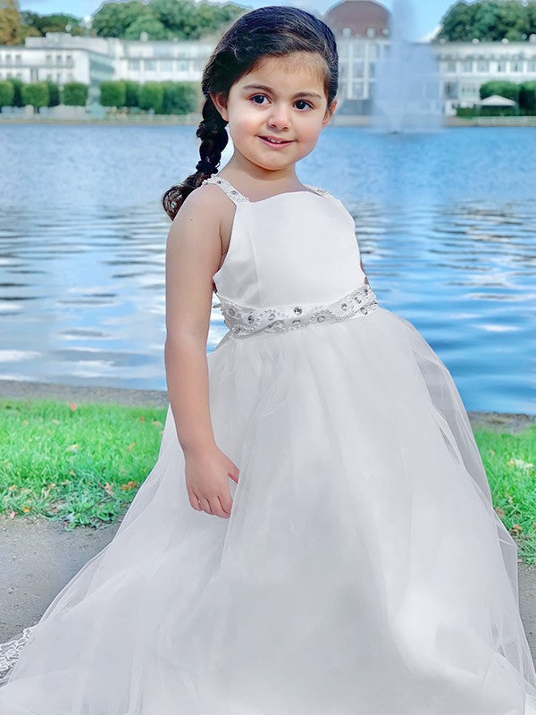 A-Line/Princess Tulle Beading Spaghetti Straps Sleeveless Sweep/Brush Train Flower Girl Dresses TPP0007492