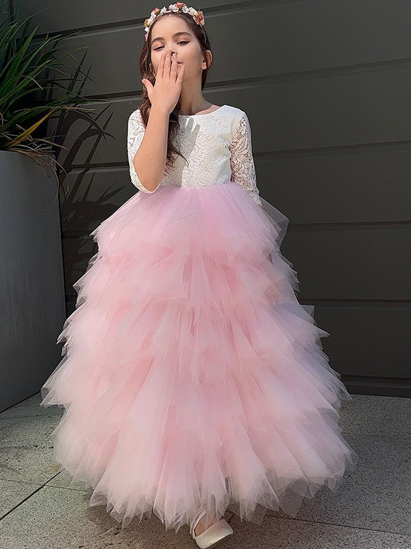 A-Line/Princess Tulle Lace Scoop 3/4 Sleeves Ankle-Length Flower Girl Dresses TPP0007497