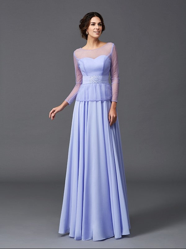 A-Line/Princess Scoop Ruffles Long Sleeves Long Chiffon Mother of the Bride Dresses TPP0007445