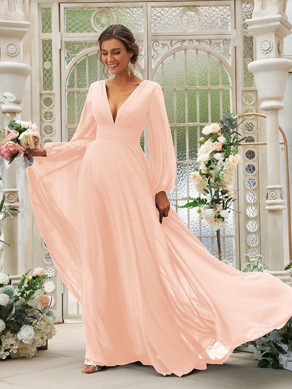 A-Line/Princess Chiffon Ruffles V-neck Long Sleeves Sweep/Brush Train Bridesmaid Dresses TPP0004894