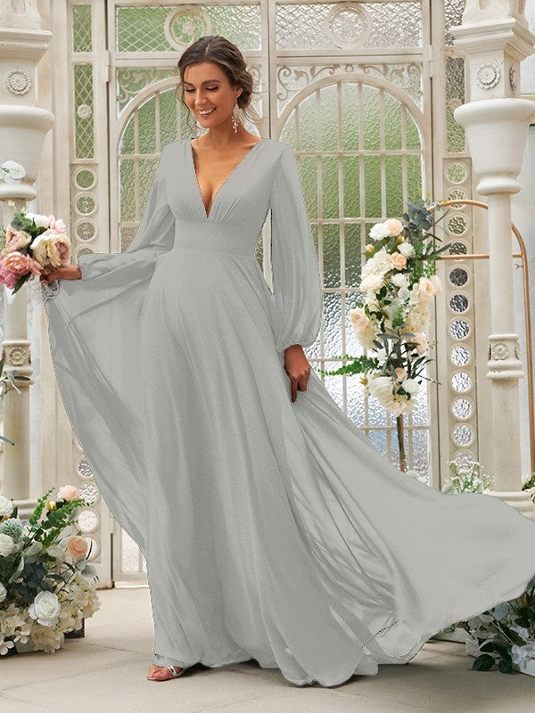 A-Line/Princess Chiffon Ruffles V-neck Long Sleeves Sweep/Brush Train Bridesmaid Dresses TPP0004894