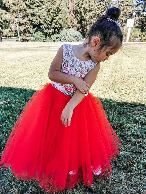 A-Line/Princess Tulle Lace Scoop Sleeveless Tea-Length Flower Girl Dresses TPP0007489