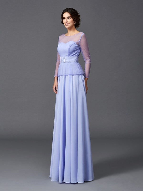 A-Line/Princess Scoop Ruffles Long Sleeves Long Chiffon Mother of the Bride Dresses TPP0007445