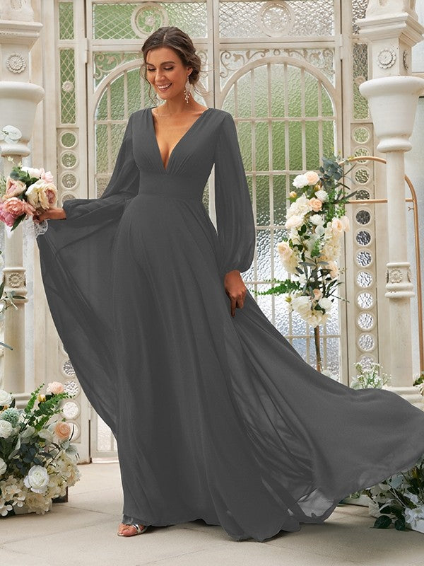 A-Line/Princess Chiffon Ruffles V-neck Long Sleeves Sweep/Brush Train Bridesmaid Dresses TPP0004894