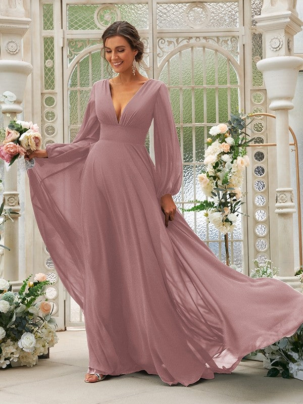 A-Line/Princess Chiffon Ruffles V-neck Long Sleeves Sweep/Brush Train Bridesmaid Dresses TPP0004894