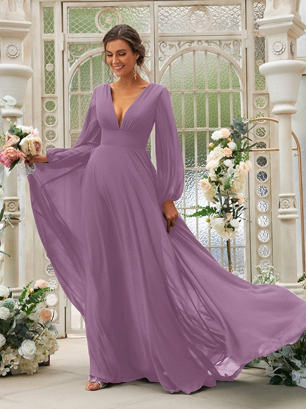 A-Line/Princess Chiffon Ruffles V-neck Long Sleeves Sweep/Brush Train Bridesmaid Dresses TPP0004894