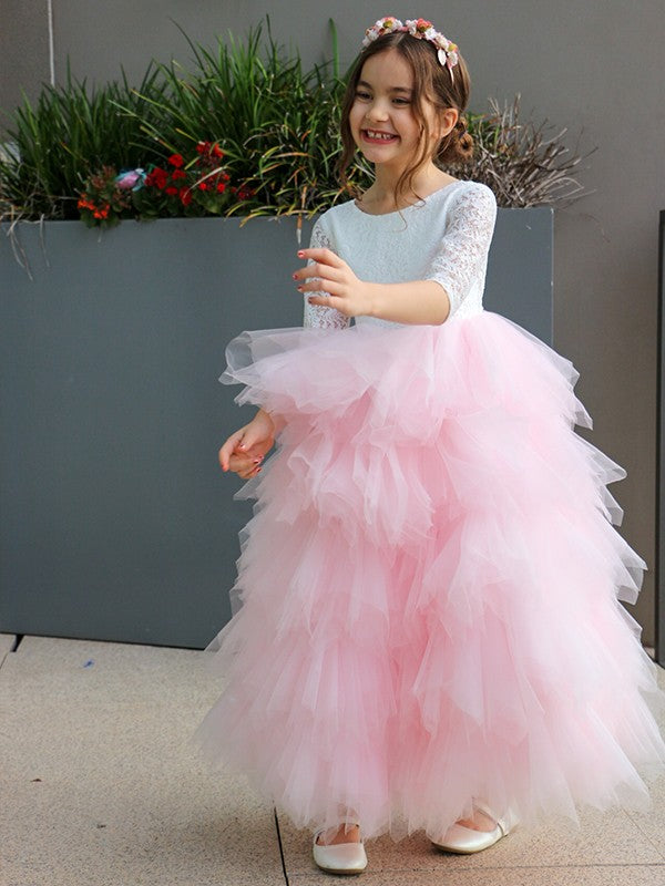 A-Line/Princess Tulle Lace Scoop 3/4 Sleeves Ankle-Length Flower Girl Dresses TPP0007497