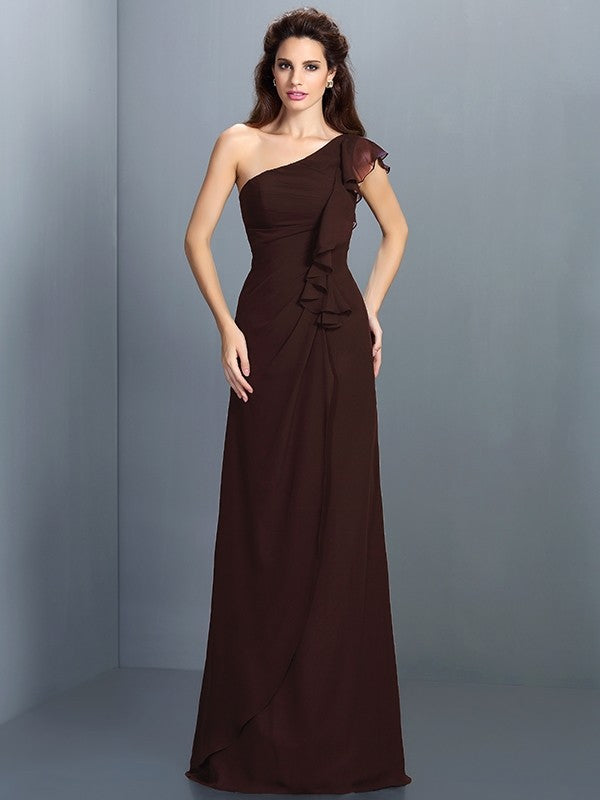 Sheath/Column One-Shoulder Pleats Sleeveless Long Chiffon Bridesmaid Dresses TPP0005351