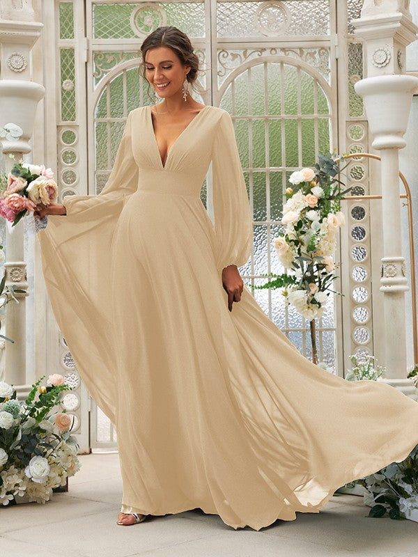 A-Line/Princess Chiffon Ruffles V-neck Long Sleeves Sweep/Brush Train Bridesmaid Dresses TPP0004894