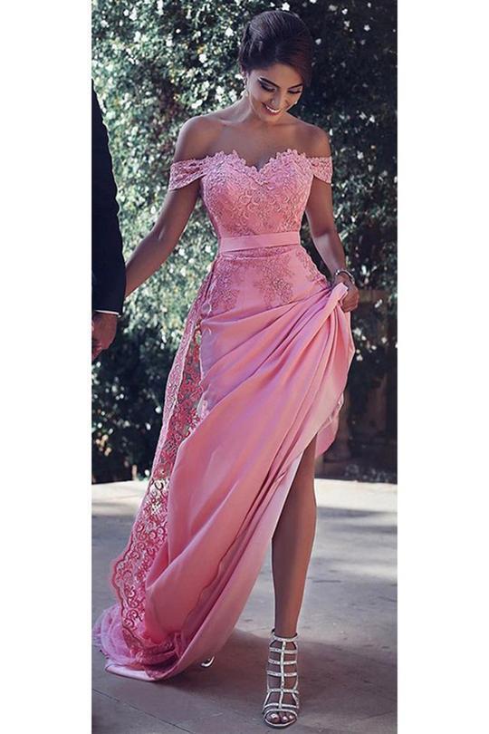 Pink Sheath Off-the-Shoulder Sweep Train Prom Dress with Lace Sash Ruffles