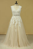 2024 Plus Size V Neck Wedding Dresses Tulle With Applique Court Train P2HA38HF