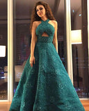 Unique A Line Green Halter Beading Satin Long Prom Dresses, Cheap Evening Dresses STF15451