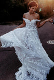 A Line Sweetheart Off the Shoulder Tulle Ivory Long Wedding Dresses with Appliques STF15557