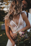 Flowy A Line V Neck Tulle Wedding Dresses with Beads Lace Appliques, Beach Bridal Dresses STF15517