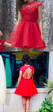 Luxury Red Round Neck A Line With Lace Appliques Homecoming Dresses
