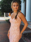 Sexy Blush Pink Mermaid Lace V Neck Prom Dresses with Beading Party Dresses
