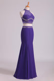2024 Halter Two-Piece Beaded Bodice Sheath Open Back Prom Dresses Spandex & Tulle Floor P84JHZ8H