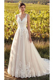 Elegant Sleeveless V Neck Tulle Wedding Dresses With Lace Appliques A Line PX9ZDAFD