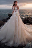 A Line Pink Long Sleeves Round Neck Tulle Wedding Dresses with Appliques, Wedding Gowns STF15012