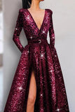 Sparkly Long Sleeves Sequins Split Evening Dresses, Long Formal Gown With Pockets