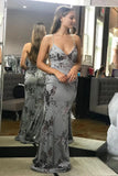 Spaghetti Mermaid Silver Prom Dresses, Backless Sequins Evening Dresses