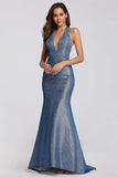 Sexy V Neck Halter Blue Backless Prom Dresses, Cheap Long Party Dresses STF15365