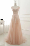A Line Sheer Neck Cap Sleeves Tulle Prom Dresses Appliques Sweep Train Formal STFPTEXZSTC