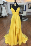 Simple Spaghetti Straps A Line Yellow Ruffles V Neck Prom Dresses, Evening Dresses STF15400