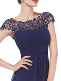 Elegant Lace Cap Sleeve Chiffon Evening Gowns Open Back Bateau Long Prom Dresses STF15170