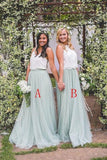 2 Pieces Tulle Ivroy And Mint Long Simple Cheap Elegant Bridesmaid Dresses STF15543