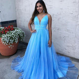 A Line Sky Blue Spaghetti Straps V Neck Tulle Prom Dresses, Cheap Evening Dresses STF15554