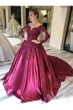 Prom Dress With Long Sleeves And Floral Embroidery Burgundy Colored Court STFPJ8SLMB9