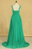 2024 V Neck A Line Plus Size Prom Dresses Chiffon Sweep Train With Ruffles P26RCPA1