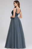 A-Line V-Neck Sleeveless Blue Floor-length Evening Dress Cheap Prom Dresses STF15055