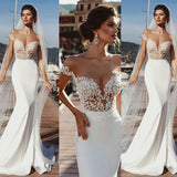 Stunning Mermaid Cap Sleeve Sheer Neck Long Wedding Dresses Beach Wedding Gowns STF15437