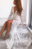 Long Sleeves Mermaid Lace V Neck Wedding Dresses with Slit, Wedding STF20423